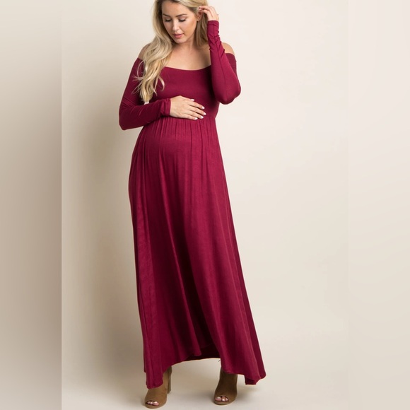 *READ* PinkBlush Petite Dark Burgundy Solid Off Shoulder Maternity Maxi Dress - Picture 1 of 7